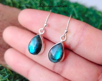 Blue Flash Labradorite Earrings: 925 Sterling Silver Dangle Earrings