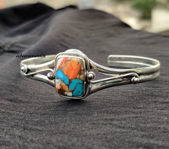 Handmade Oyster Copper Turquoise 925 Sterling Silver Bangle