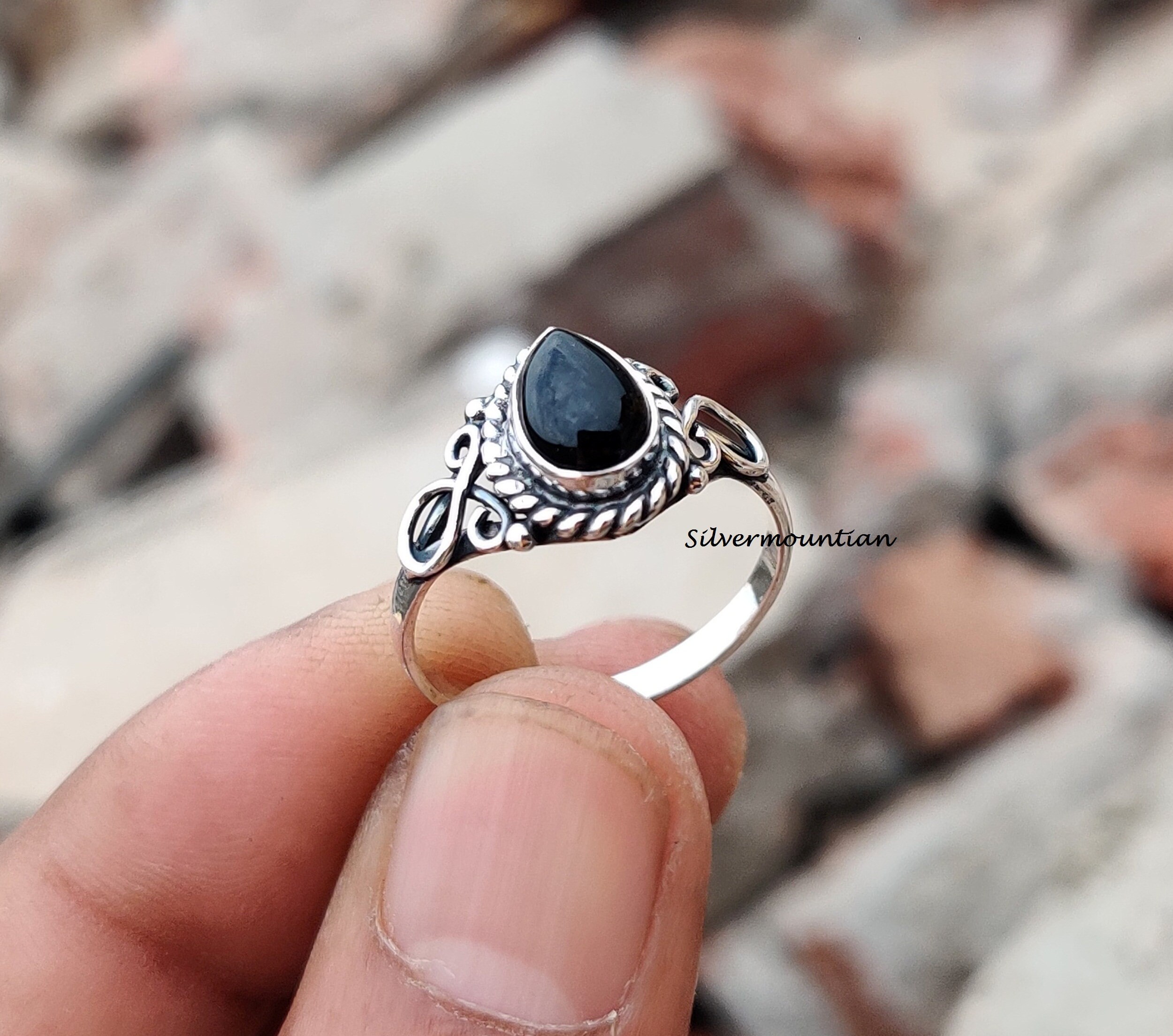 Pear Black Onyx Ring: 925 Sterling Silver Band Ring - Etsy