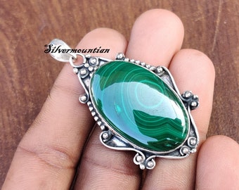 Handmade 925 Sterling Silver Malachite Pendant: Green Stone Necklace