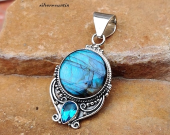 Natural Labradorite Pendant , Round Stone Pendant, 925 Silver Sterling, Statement Pendant, Handmade Pendant, Gemstone Pendant ma29
