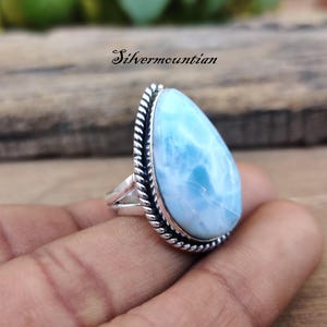 Larimar Ring / 925 Sterling Silver Ring / Statement Larimar Jewelry / Stylish Ring / Pear Stone Ring / Band Ring / Women Ring / Gift For Her