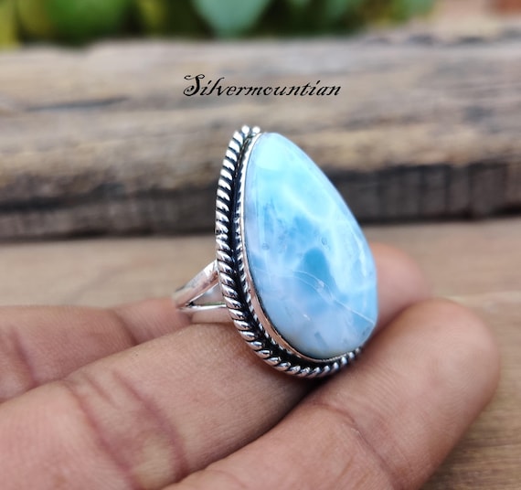 Two Stone Larimar Ring, Sterling Silver Ring for Women, Blue  Sterling Silver Larimar Statement Ring in Sky Blue main image 1