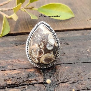 Turritella Fossil Ring, Statement Ring, 925 Sterling Silver, Lovely Ring, Proposal Ring, Silver Ring, Turritella Pear Stone Ring, Gift Her