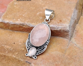 Rose Quartz Necklace, 925 Sterling Silver Necklace ,Designer Antiqued Silver Women  Pendant Necklace  ,Wedding Jewelry ,Christmas Gift ma24