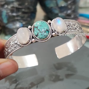 Tibetan Turquoise Moonstone Bangle: Adjustable Sterling Silver
