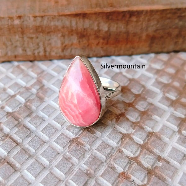 Rhodochrosite Teardrop Ring, Sterling Silver, Boho Statement Band, Handmade Jewelry