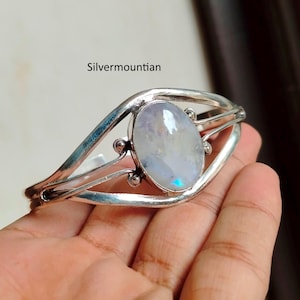 Natural Moonstone Bangle: Handmade 925 Sterling Silver Adjustable Charm