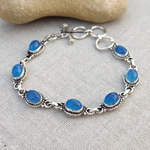 Blue Chalcedony Bracelet: Handmade 925 Sterling Silver, Dainty Oval Stone