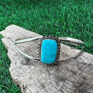 Handmade Larimar Bracelet, 925 Sterling Silver Bangle, Boho Statement Jewelry, Gift For Him