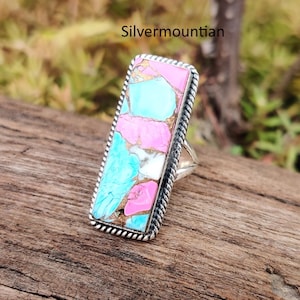 American Turquoise Ring: Handmade Sterling Silver Band Ring Cotton Cindy