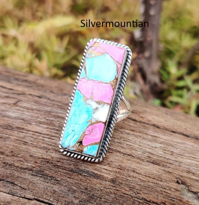 American Turquoise Ring: Handmade Sterling Silver Band Ring Cotton Cindy