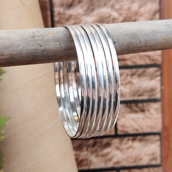 Handmade Sterling Silver Bangle Set: Simple Design, Set of 7