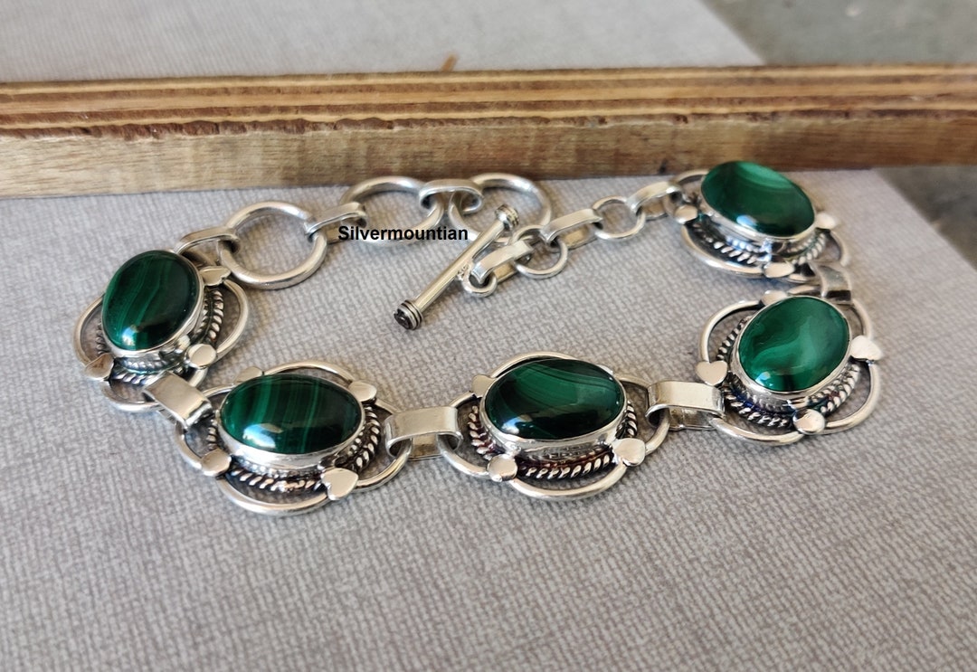 Malachite Gemstone Bracelet, 925 Sterling Silver Bracelet, Oval Shape