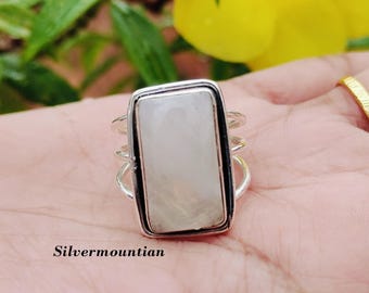 Rectangle Moonstone Ring: Dainty 925 Sterling Silver Band