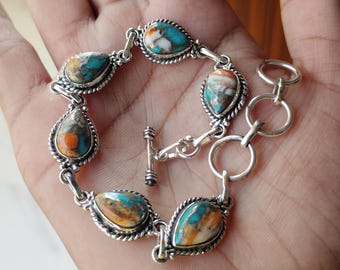 Teardrop Oyster Copper Turquoise Bracelet, Handmade 925 Sterling Silver Women Bracelet, Vintage Toggle Bracelet, Gift For Christmas