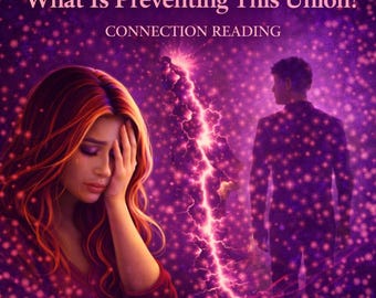 Könnte beinhalten: Digitales Kunstwerk in Lila- und Rosatönen. Es zeigt eine Frau mit roten Haaren, die Silhouette eines Mannes und den Text "What Is Preventing This Union?" und "Connection Reading."