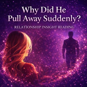 Puede incluir: Ilustración digital con un fondo cósmico púrpura y rosa. La imagen presenta a una mujer con cabello rojo ondeante y un hombre que se aleja. El texto dice "¿Por qué se alejó de repente?" y "Lectura de la perspectiva de la relación".