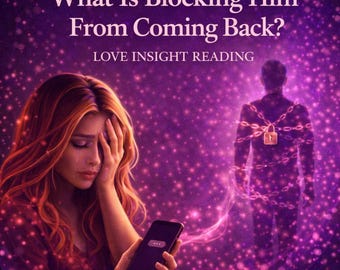 Könnte beinhalten: Digitale Illustration mit dem Text "What Is Blocking Him From Coming Back?" und "LOVE INSIGHT READING." Eine Frau mit roten Haaren hält ein Telefon und wirkt bestürzt. Im Hintergrund ist eine gefesselte Silhouette einer Person von violetten Glitzerpunkten umgeben.