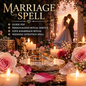 May include: Two gold rings rest on a marble pedestal surrounded by pink roses, candles, and a small angel figurine. The text reads: MARRIAGE SPELL, GUIDE PDF, PERSONALIZED RITUAL SERVICE, LOVE & MARRIAGE RITUAL, WEDDING INTENTION SPELL.