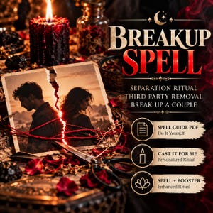 May include: A digital graphic featuring the text BREAKUP SPELL, SEPARATION RITUAL, THIRD PARTY REMOVAL, BREAK UP A COUPLE, SPELL GUIDE PDF, CAST IT FOR ME, and SPELL + BOOSTER. It shows a torn photograph of a couple, red string, scissors, and a candle.