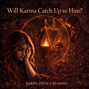 Könnte beinhalten: Digitalillustration mit dem Text "Will Karma Catch Up to Him?" und "Karma Justice Reading". Das Bild zeigt eine Frau mit ihrem Gesicht in den Händen, eine Justizfigur und einen Mann im Hintergrund.