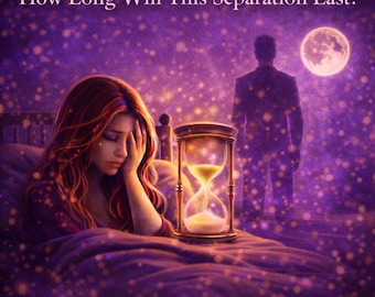 Könnte beinhalten: Digitale Illustration in Lila- und Goldtönen. Eine Frau mit roten Haaren liegt im Bett und hält sich die Hand vors Gesicht. Daneben eine Sanduhr. Der Text lautet "How Long Will This Separation Last?" und "Timing Love Reading."