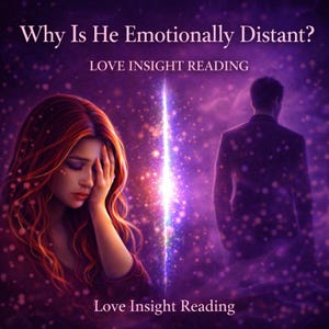 May include: Digital artwork with the text "Why Is He Emotionally Distant?" and "Love Insight Reading." A woman with red hair covers her face, and a man stands in the background. The background is a purple galaxy.