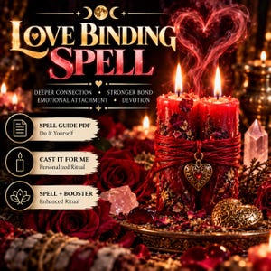 May include: Two red pillar candles wrapped in red twine with a heart-shaped charm, surrounded by red roses and crystals. Text reads: LOVE BINDING SPELL, DEEPER CONNECTION, STRONGER BOND, EMOTIONAL ATTACHMENT, DEVOTION, SPELL GUIDE PDF, CAST IT FOR ME, SPELL + BOOSTER.