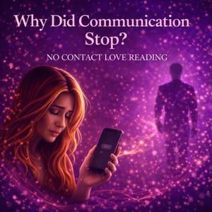 Puede incluir: Ilustración digital con fondo morado y rosa. La imagen presenta a una mujer pelirroja sosteniendo un teléfono inteligente, con el texto "Why Did Communication Stop?" y "NO CONTACT LOVE READING". Una silueta de una persona está en el fondo.