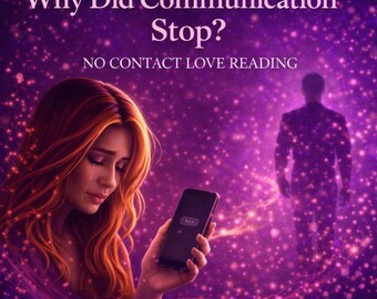 Könnte beinhalten: Digitale Illustration mit lila und rosa Hintergrund. Das Bild zeigt eine Frau mit roten Haaren, die ein Smartphone hält, mit dem Text "Why Did Communication Stop?" und "NO CONTACT LOVE READING". Eine Silhouette einer Person befindet sich im Hintergrund.