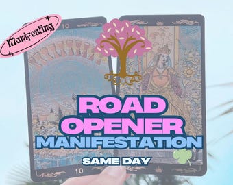 May include: Two tarot cards with the text "Road Opener Manifestation" in pink and blue. A pink oval with the word "Manifesting" is in the upper left. A pink tree graphic is between the cards. The cards are held by a hand.