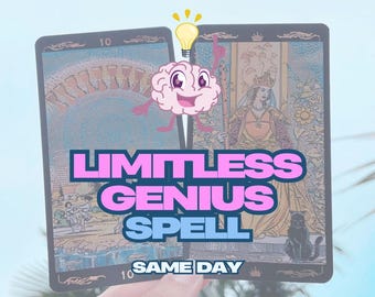 May include: Two tarot cards with the text "LIMITLESS GENIUS SPELL" and "SAME DAY". A cartoon brain with a lightbulb above it is in the center. The cards have illustrations of figures and scenes.