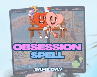 Può includere: Illustrazione di due personaggi a forma di cuore su carte dei tarocchi. Un cuore fa un selfie. Il testo "OBSESSION SPELL" e "SAME DAY" è visualizzato. Lo sfondo è azzurro.