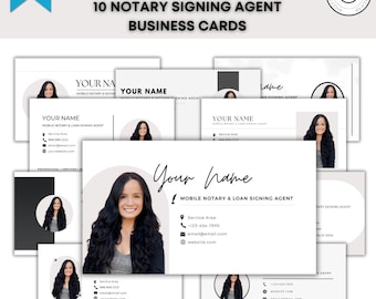 May include: A set of ten modern business cards for a notary signing agent. The cards have a minimalist design with a photo of a woman, contact details, and the text "Your Name". The design includes the text "Modern" and "10 Notary Signing Agent Business Cards".