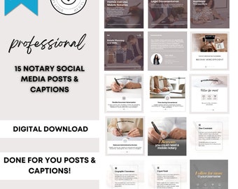 May include: A digital download graphic with the text "professional 15 notary social media posts & captions." The image includes examples of social media posts with text such as "3 ways nursing homes can use mobile notaries."