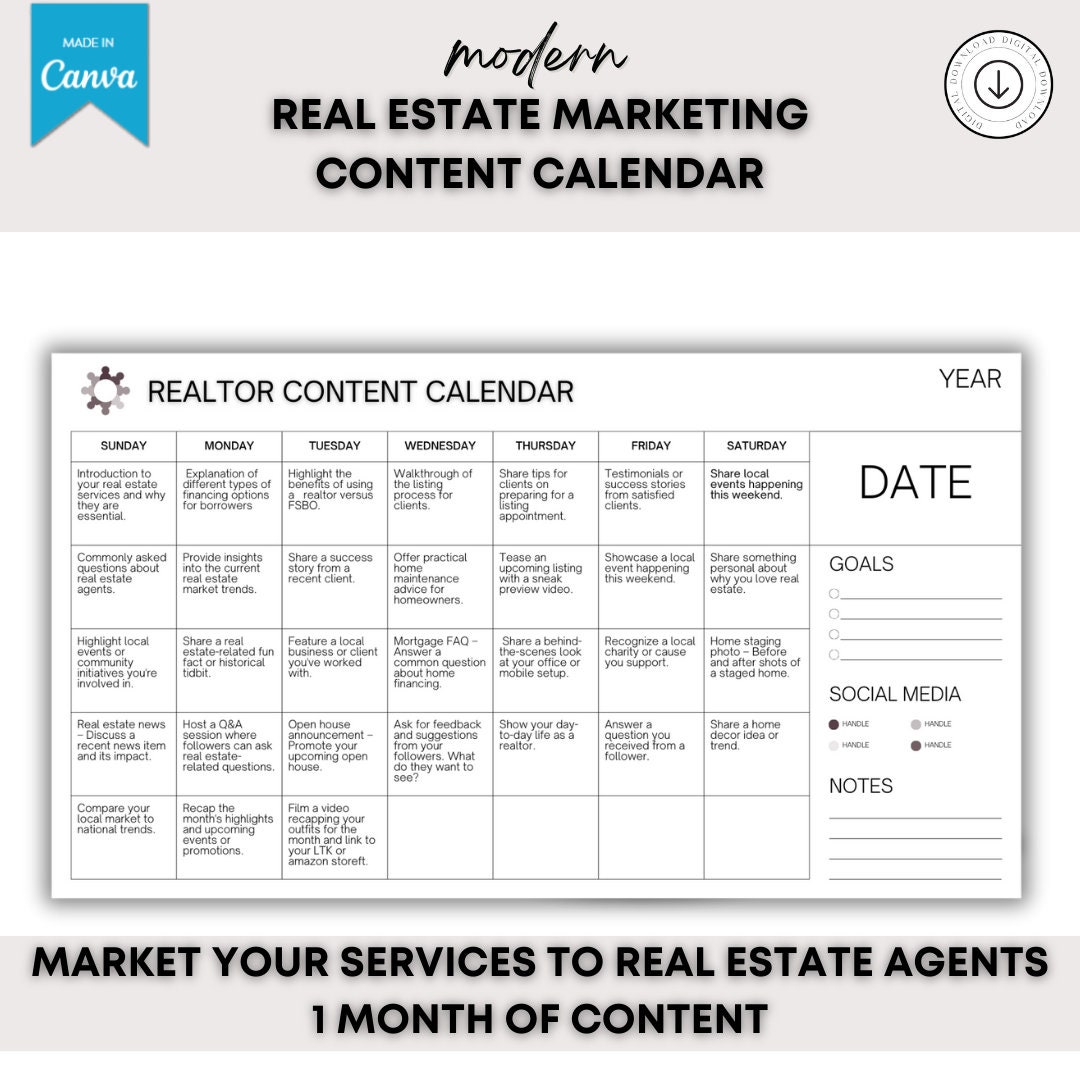 Real Estate Content Calendar RE Content Calendar Re Social Media Real