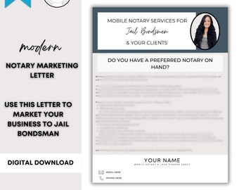 May include: A digital download of a modern notary marketing letter. The letter is designed to market a business to jail bondsmen. The design includes the Canva logo, the words "modern", "Notary Marketing Letter", and "Digital Download". The letter also includes the text "Use this letter to market your business to jail bondsman".