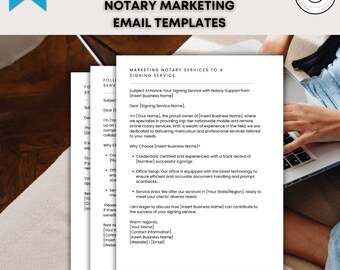 May include: Modern notary marketing email templates. The image shows a stack of white paper documents with text, including the words "NOTARY MARKETING EMAIL TEMPLATES." A person is using a laptop in the background. The Canva logo is in the upper left corner.