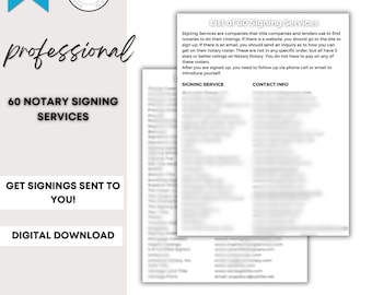May include: A digital download graphic with the text "60 Notary Signing Services" and "Get Signings Sent to You!" in a professional design. Includes a list of signing services and contact info.