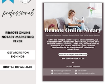 Op de afbeelding: Een digitale marketingflyer voor remote online notarisservices. De flyer toont de tekst "Remote Online Notary" en "Get More RON Signings". Contactgegevens en een websiteadres zijn ook opgenomen.