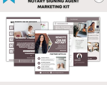 Op de afbeelding: Een marketingkit voor notariskantoren, met een modern ontwerp. De kit bevat brochures en flyers met informatie over online notarisservices op afstand, privacy, opgenomen sessies en wereldwijd bereik. Het kleurenschema is voornamelijk bruin en wit.