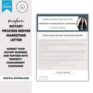 May include: A digital marketing letter template with the text "Modern Notary Process Server Marketing Letter." The letter promotes mobile notary services for property management companies and their clients. Includes a Canva logo and a digital download label.