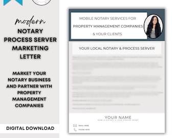 May include: A digital marketing letter template with the text "Modern Notary Process Server Marketing Letter." The letter promotes mobile notary services for property management companies and their clients. Includes a Canva logo and a digital download label.