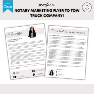 Puede incluir: Un folleto de marketing moderno para notarios para empresas de remolque. El folleto presenta una foto de una mujer e incluye el texto "Hello hello!" y "To my local tow truck company". El diseño es en blanco y negro con un acento turquesa.