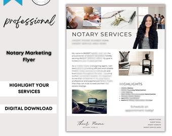 May include: A notary marketing flyer with the text "Notary Services" and "Highlight Your Services." The flyer includes images of a notary public, keys, and a car's dashboard. The words "Digital Download" are also visible.