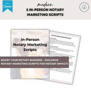 Puede incluir: Una imagen de marketing digital con el texto "5 IN-PERSON NOTARY MARKETING SCRIPTS". La imagen incluye un documento titulado "In-Person Notary Marketing Scripts" y el texto "BOOST YOUR NOTARY BUSINESS - EXCLUSIVE NOTARY MARKETING SCRIPTS FOR INSTANT IMPACT!"