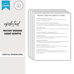 Puede incluir: Una pila de documentos de papel blanco titulados "Notary Signing Agent Scripts" con descripciones de texto. La imagen incluye las palabras "updated" y "Digital Download". Un logotipo azul de Canva está en la esquina superior izquierda.