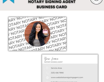 May include: Modern business card design for a Notary Signing Agent. The card features a photo of a woman holding a business card, with the word "NOTARY" in a repeating pattern. Contact details are also included.