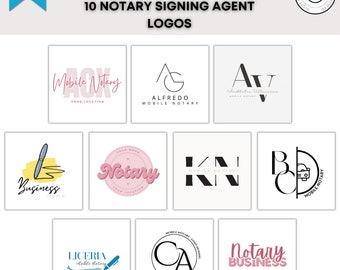 May include: A selection of 10 modern notary signing agent logos. The logos showcase diverse designs, including text and icon-based options, in shades of pink, black, and blue. The words "modern" and "10 NOTARY SIGNING AGENT LOGOS" are visible.